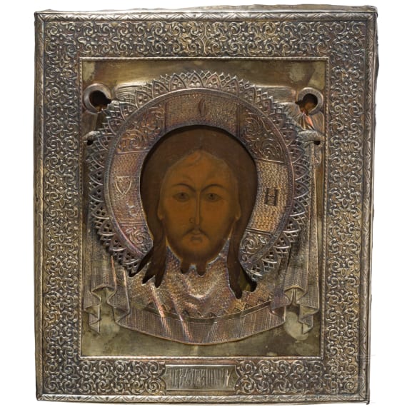 Ikone mit dem Mandylion mit Silberoklad, Russland, 19. Jhdt. (Ikone), Moskau, Iwan Sacharow, 1885 (Oklad)