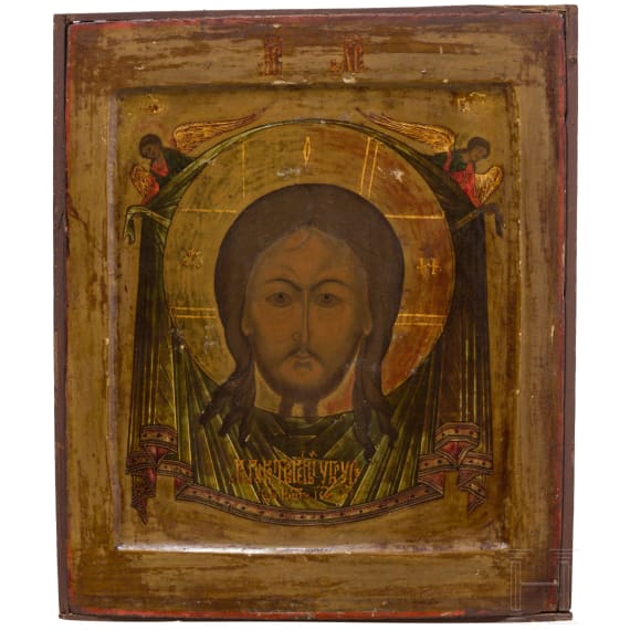 Ikone mit dem Mandylion mit Silberoklad, Russland, 19. Jhdt. (Ikone), Moskau, Iwan Sacharow, 1885 (Oklad)