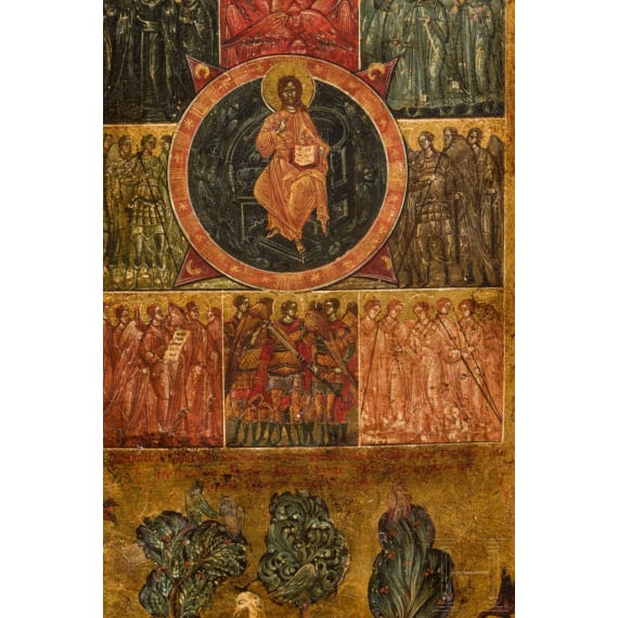 Bedeutende gro&szlig;formatige Ikone mit Darstellung des 148. Psalms "Lobet den Herrn vom Himmel her" (Lobpreis des Weltalls), Russland, 19. Jhdt.