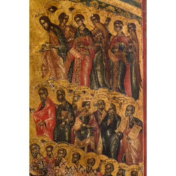Bedeutende gro&szlig;formatige Ikone mit Darstellung des 148. Psalms "Lobet den Herrn vom Himmel her" (Lobpreis des Weltalls), Russland, 19. Jhdt.