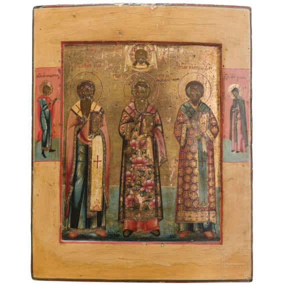Gro&szlig;formatige Ikone mit den drei heiligen Kirchenv&auml;tern der Ostkirche, Russland, um 1800
