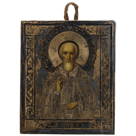 Kleine Ikone mit dem Heiligen Sergej von Radonesch mit Silberoklad, Russland, Ende 19. Jhdt. (Ikone), Moskau, Nikolai F. Stulew, um 1885 (Oklad)