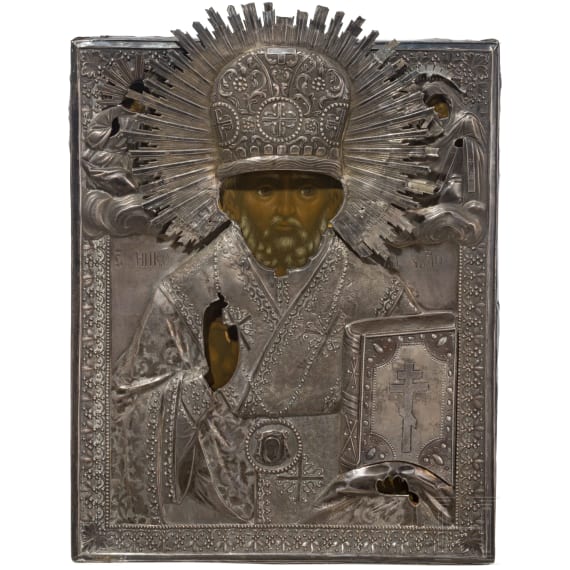 Ikone mit dem Heiligen Nikolaus von Myra mit Silberoklad, Russland, 2. H&auml;lfte 19. Jhdt. (Ikone), Moskau, Iwan Sacharow, 1867 (Oklad)