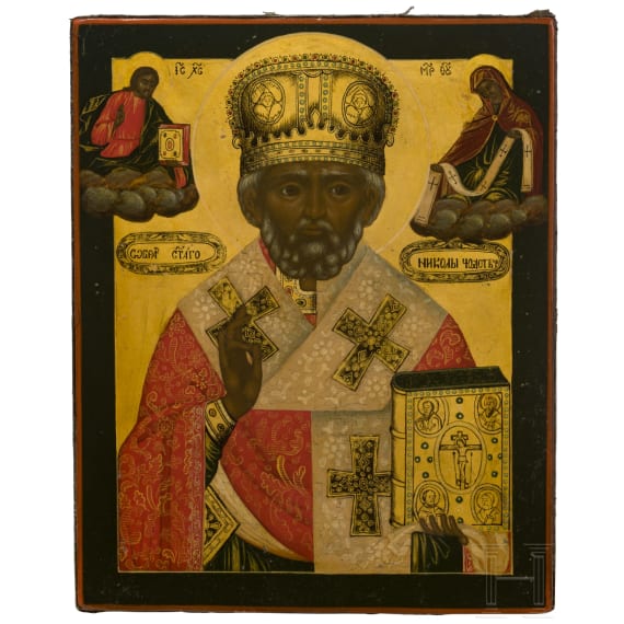 Ikone mit dem Heiligen Nikolaus von Myra mit Silberoklad, Russland, 2. H&auml;lfte 19. Jhdt. (Ikone), Moskau, Iwan Sacharow, 1867 (Oklad)