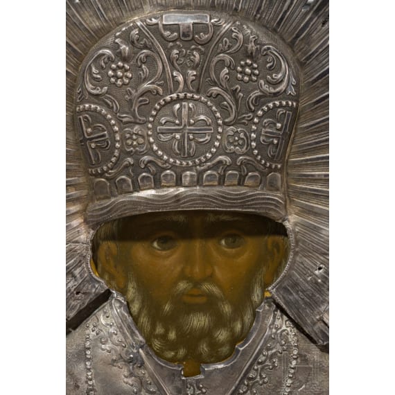 Ikone mit dem Heiligen Nikolaus von Myra mit Silberoklad, Russland, 2. H&auml;lfte 19. Jhdt. (Ikone), Moskau, Iwan Sacharow, 1867 (Oklad)