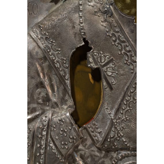 Ikone mit dem Heiligen Nikolaus von Myra mit Silberoklad, Russland, 2. H&auml;lfte 19. Jhdt. (Ikone), Moskau, Iwan Sacharow, 1867 (Oklad)