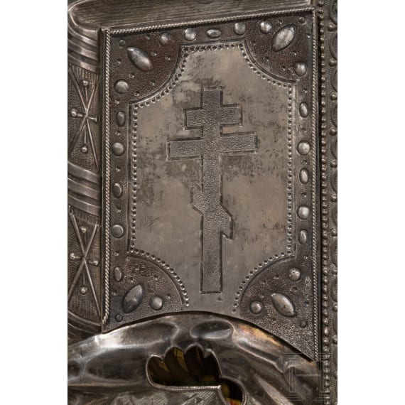 Ikone mit dem Heiligen Nikolaus von Myra mit Silberoklad, Russland, 2. H&auml;lfte 19. Jhdt. (Ikone), Moskau, Iwan Sacharow, 1867 (Oklad)