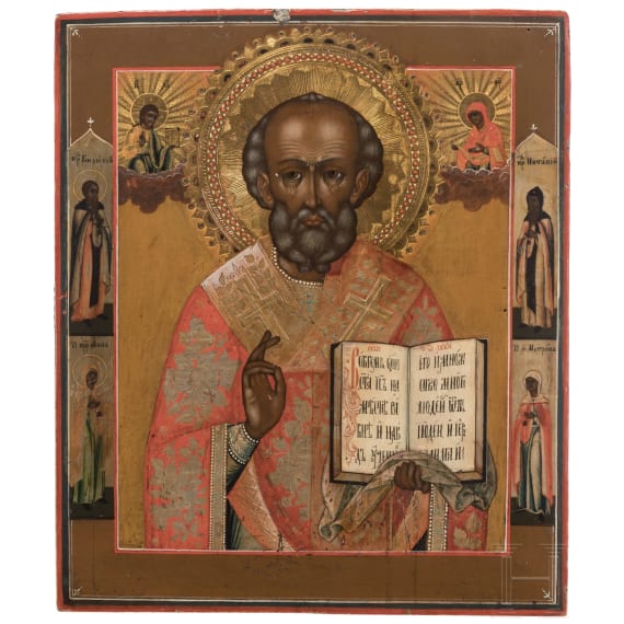 Ikone mit dem Heiligen Nikolaus von Myra, Russland, sp&auml;tes 19. Jhdt.