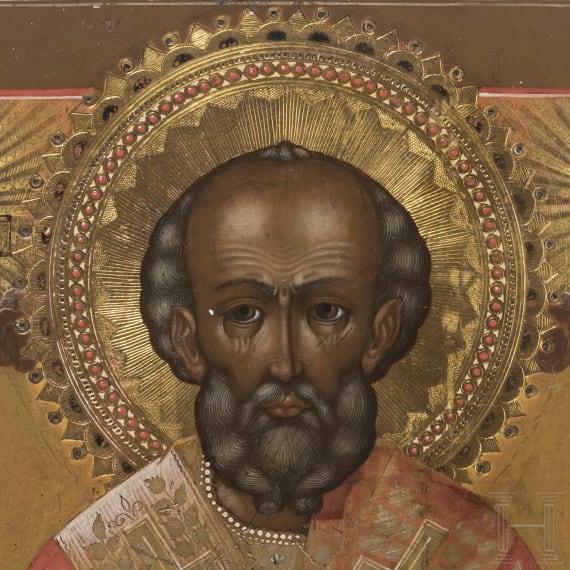 Ikone mit dem Heiligen Nikolaus von Myra, Russland, sp&auml;tes 19. Jhdt.