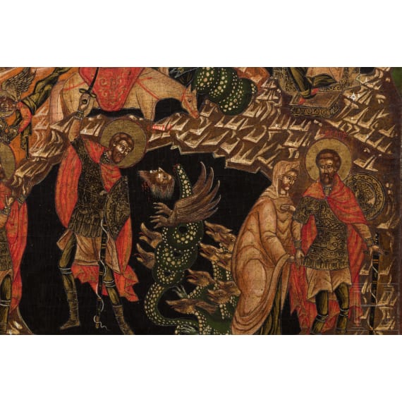 Ikone mit seltenem Thema der Wundertat des Heiligen Theodor von Tiron, Russland, neuzeitlich