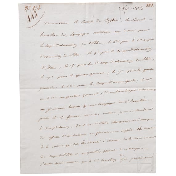 Napoleon I. - mit "NP" signierter Diktatbrief an den Kriegsverwaltungsminister Comte de Cessac mit Anweisungen f&uuml;r Truppenverlegungen vom 7. Februar 1813