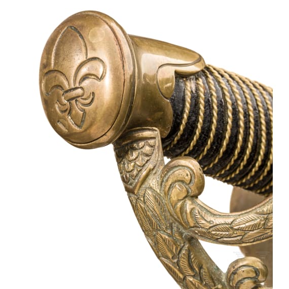 S&auml;bel der Mousquetaires du Roi, Modell 1814, Sammleranfertigung des 20. Jhdts., sowie Tschako-Emblem
