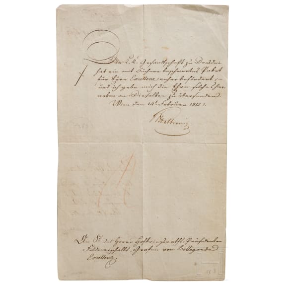 Schreiben an Feldmarschall Bellegarde mit Autographen von Metternich und Radetzky, Wien, Februar/M&auml;rz 1812