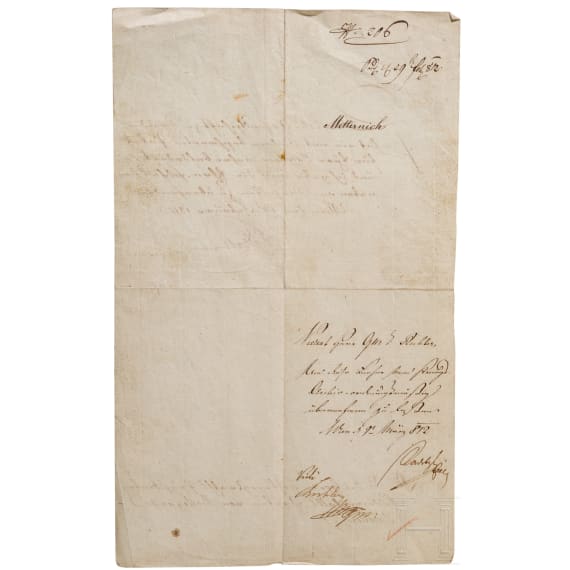 Schreiben an Feldmarschall Bellegarde mit Autographen von Metternich und Radetzky, Wien, Februar/M&auml;rz 1812