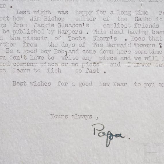 Ernest Hemingway (1899 - 1961) - bedeutender, mit "Papa" signierter Brief an Robert Manning vom 30. Dezember 1954 mit Kuvert