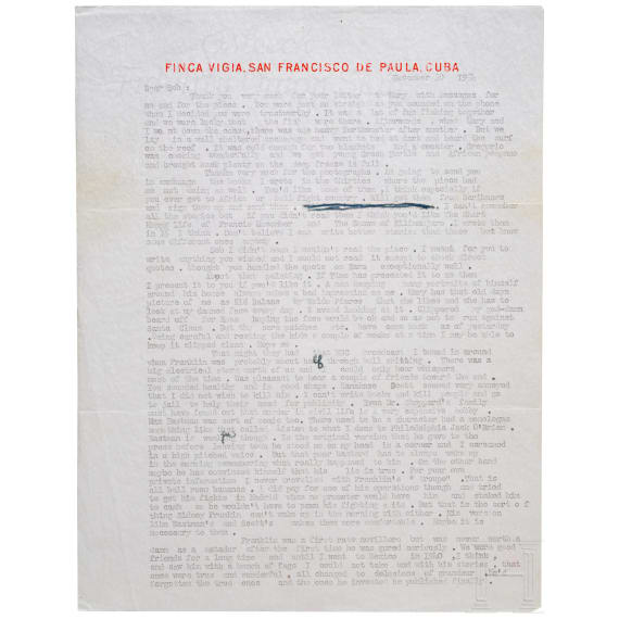 Ernest Hemingway (1899 - 1961) - bedeutender, mit "Papa" signierter Brief an Robert Manning vom 30. Dezember 1954 mit Kuvert