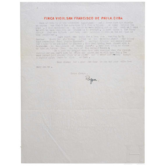 Ernest Hemingway (1899 - 1961) - bedeutender, mit "Papa" signierter Brief an Robert Manning vom 30. Dezember 1954 mit Kuvert