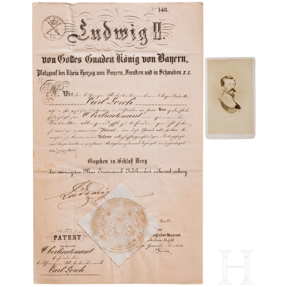 K&ouml;nig Ludwig II. - Patent f&uuml;r den Oberlieutenant Karl Lorch, datiert 1866