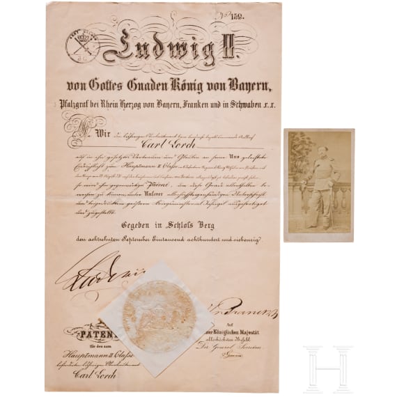 K&ouml;nig Ludwig II. - Patent f&uuml;r den Hauptmann Karl Lorch, datiert 1870