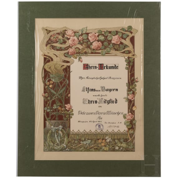 Prinz und Prinzessin Alfons von Bayern - neun Ehrenurkunden oder -diplome aus den Jahren 1898 - 1932 sowie vier weitere Ehrengaben