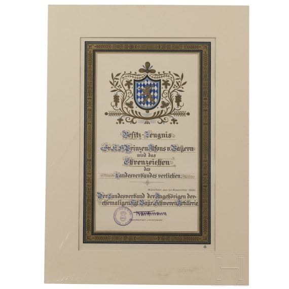 Prinz und Prinzessin Alfons von Bayern - neun Ehrenurkunden oder -diplome aus den Jahren 1898 - 1932 sowie vier weitere Ehrengaben