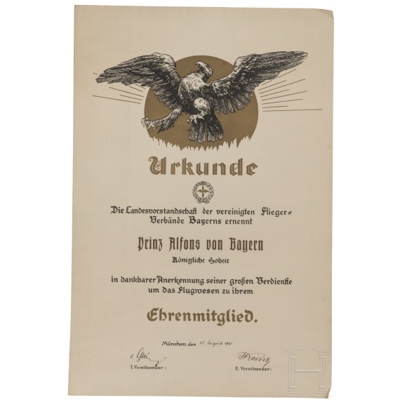 Prinz und Prinzessin Alfons von Bayern - neun Ehrenurkunden oder -diplome aus den Jahren 1898 - 1932 sowie vier weitere Ehrengaben