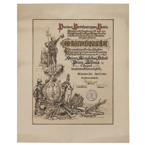 Prinz und Prinzessin Alfons von Bayern - neun Ehrenurkunden oder -diplome aus den Jahren 1898 - 1932 sowie vier weitere Ehrengaben