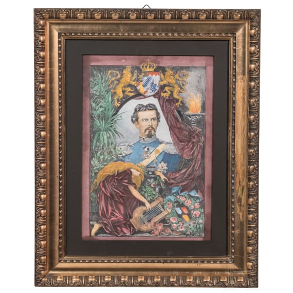 K&ouml;nig Ludwig II. - kolorierter Holzschnitt zu Ehren des toten K&ouml;nigs, R. Brend&rsquo;amour und R. E. Kepler, Bayern, um 1900