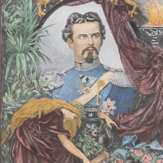 K&ouml;nig Ludwig II. - kolorierter Holzschnitt zu Ehren des toten K&ouml;nigs, R. Brend&rsquo;amour und R. E. Kepler, Bayern, um 1900