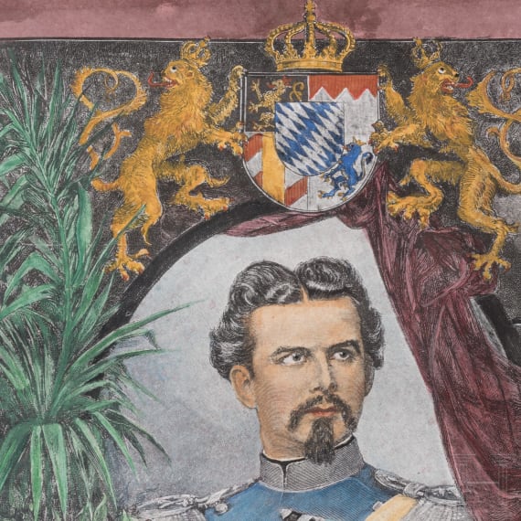 K&ouml;nig Ludwig II. - kolorierter Holzschnitt zu Ehren des toten K&ouml;nigs, R. Brend&rsquo;amour und R. E. Kepler, Bayern, um 1900