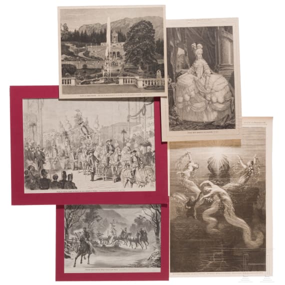 Grafiksammlung mit Ansichten bayerischer K&ouml;nigsschl&ouml;sser und Wagners B&uuml;hnenbilder, deutsch, 2. H&auml;lfte 19. Jhdt.
