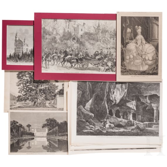 Grafiksammlung mit Ansichten bayerischer K&ouml;nigsschl&ouml;sser und Wagners B&uuml;hnenbilder, deutsch, 2. H&auml;lfte 19. Jhdt.