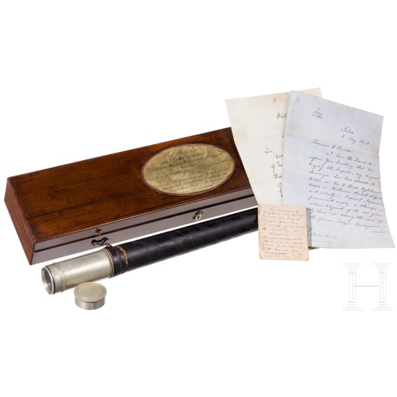 Kaiser Wilhelm I. - Fernrohr in Schatulle als Geschenk an einen britischen Leuchtturmw&auml;rter, datiert 1877