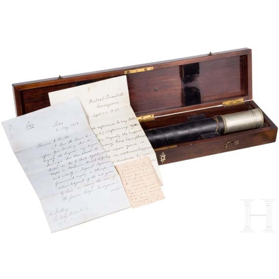 Kaiser Wilhelm I. - Fernrohr in Schatulle als Geschenk an einen britischen Leuchtturmw&auml;rter, datiert 1877