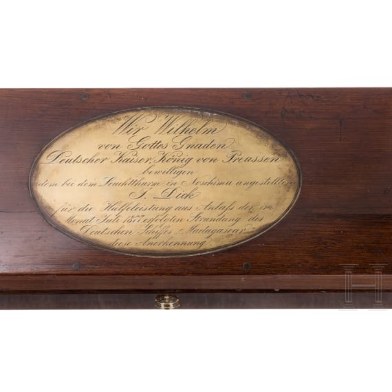 Kaiser Wilhelm I. - Fernrohr in Schatulle als Geschenk an einen britischen Leuchtturmw&auml;rter, datiert 1877