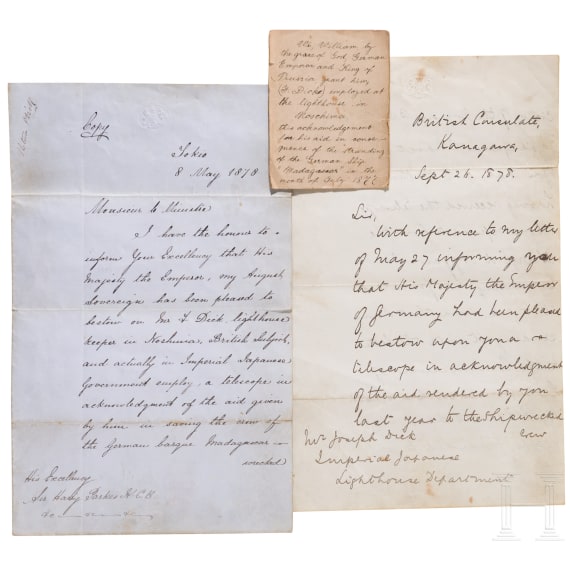 Kaiser Wilhelm I. - Fernrohr in Schatulle als Geschenk an einen britischen Leuchtturmw&auml;rter, datiert 1877