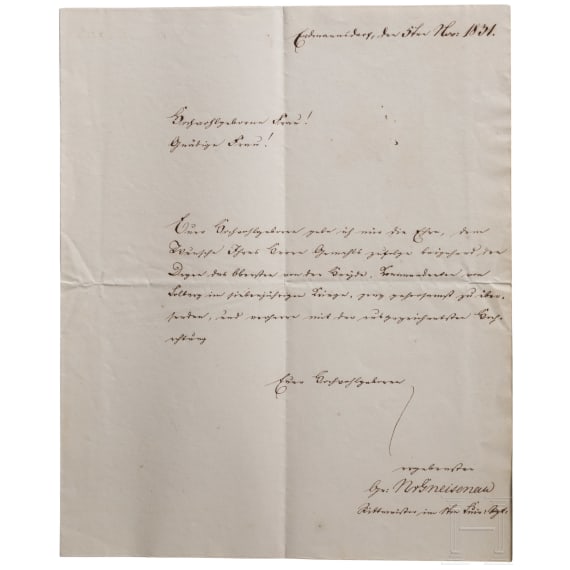 General August Graf Neidhardt von Gneisenau (1760 - 1831) - Degen des PLM-Tr&auml;gers Oberst Heinrich Sigismund von der Heyde und sieben Briefe Gneisenau/von der Heyde