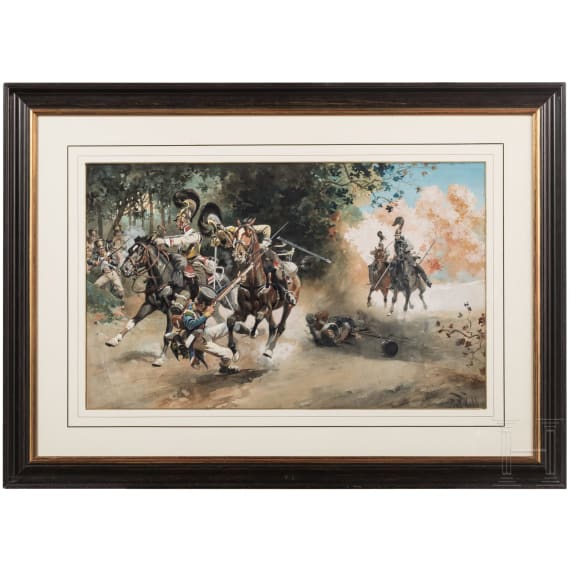 Angriff preu&szlig;ischer K&uuml;rassiere am Waldrand, deutsch, um 1900
