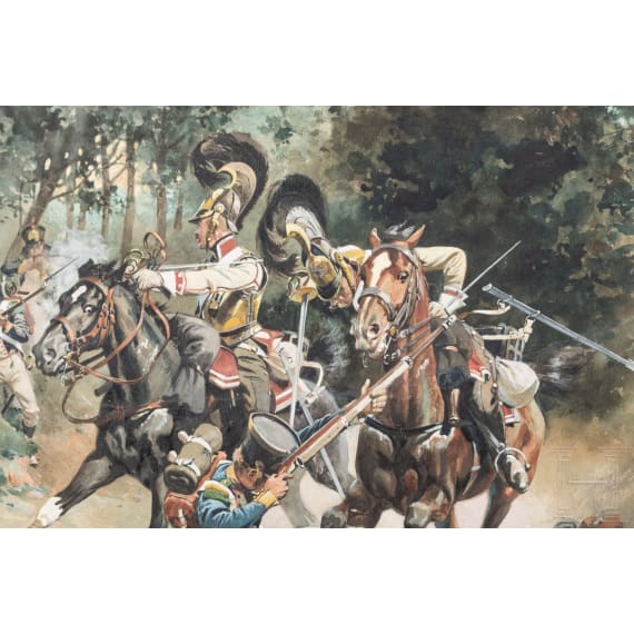 Angriff preu&szlig;ischer K&uuml;rassiere am Waldrand, deutsch, um 1900