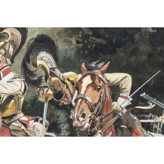 Angriff preu&szlig;ischer K&uuml;rassiere am Waldrand, deutsch, um 1900