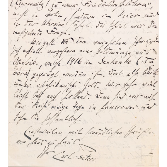 Reichskommissar Dr. Carl Peters (1856 - 1918), Gr&uuml;nder Deutsch-Ostafrikas - 37 Briefe und Dokumente von 1908 - 1918 und Telegramm zur Rehabilitierung, 1937