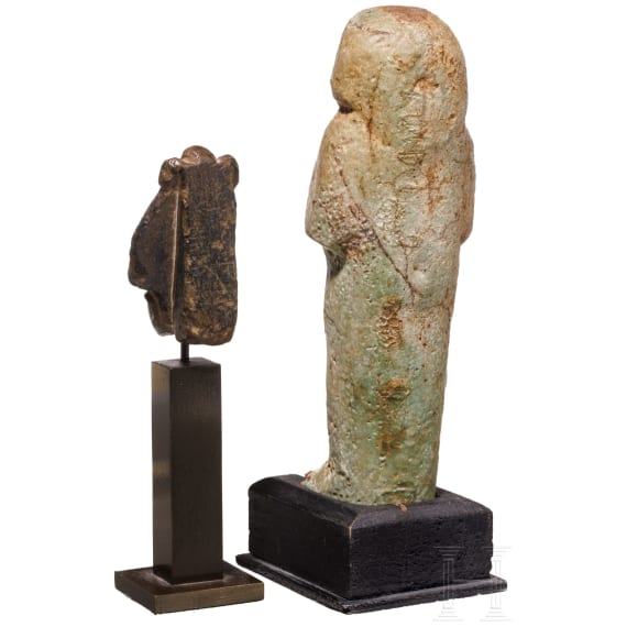A stone Osiris head with Atef crown and a ushabti made of faience with painted inscription, Late Period, mid-1st millennium B.C.
