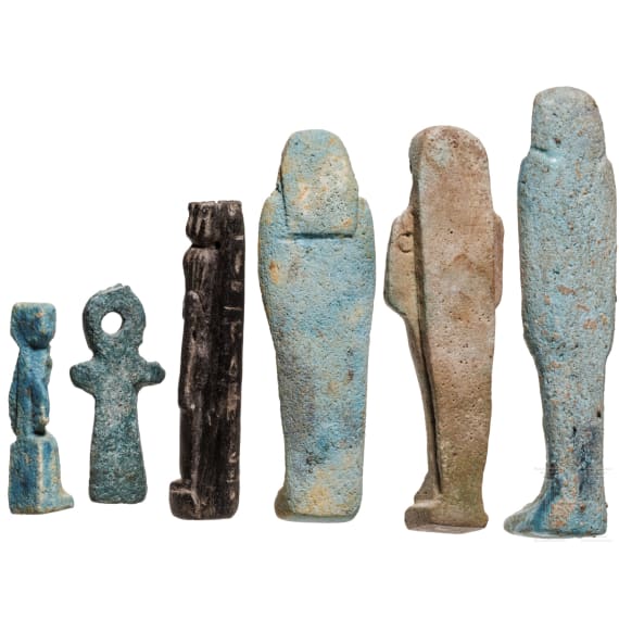 Five ancient Egyptian figures and an Ankh amulet, mostly faience, one figure made of stone, Late Period, mid-1st millennium B.C.