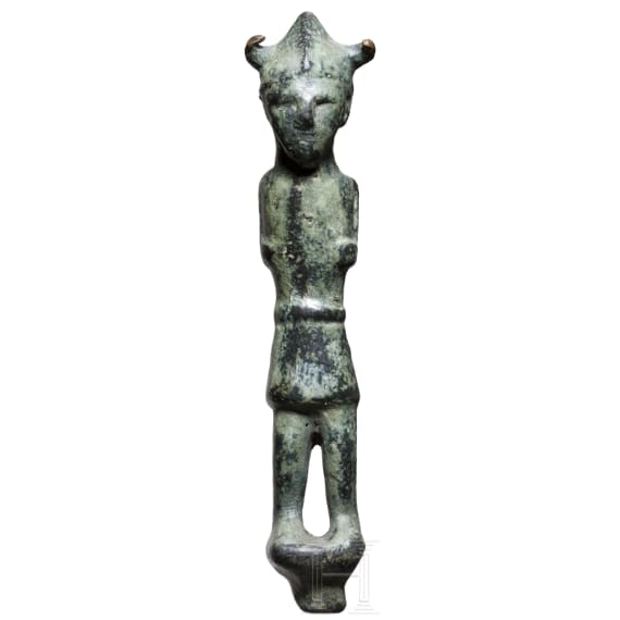 An Eastern Mediterranean bronze statuette of a warrior with horned helmet, 13th - 12th century B.C.