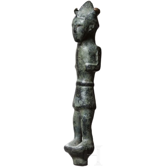 An Eastern Mediterranean bronze statuette of a warrior with horned helmet, 13th - 12th century B.C.