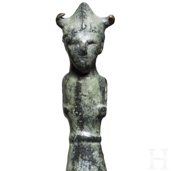 An Eastern Mediterranean bronze statuette of a warrior with horned helmet, 13th - 12th century B.C.