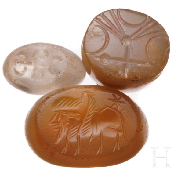 Three Sasanian seals, agate and rock crystal, 4th - 6th century A.D.