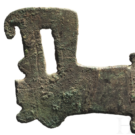 A Chinese flat bronze axe with animal head end, Western Zhou, 8th - 6th century B.C.