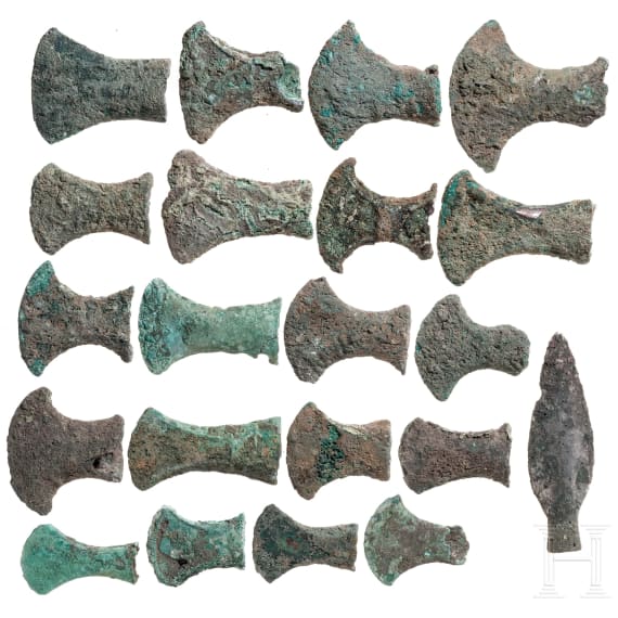 20 Indian socketed axes and a lancehead, 5th century B.C. - 2nd century A.D.
