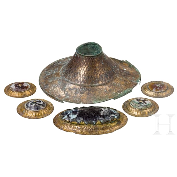 Six splendidly decorated, gilded Hellenistic bronze fittings, 3rd - 1st century B.C.